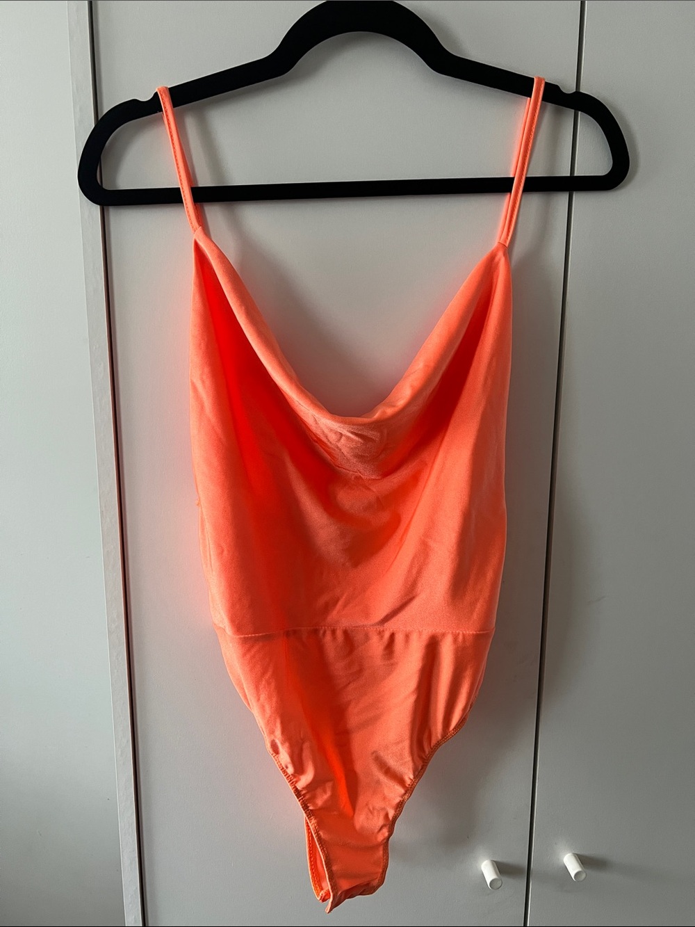Neon Coral Cowl Neck Bodysuit